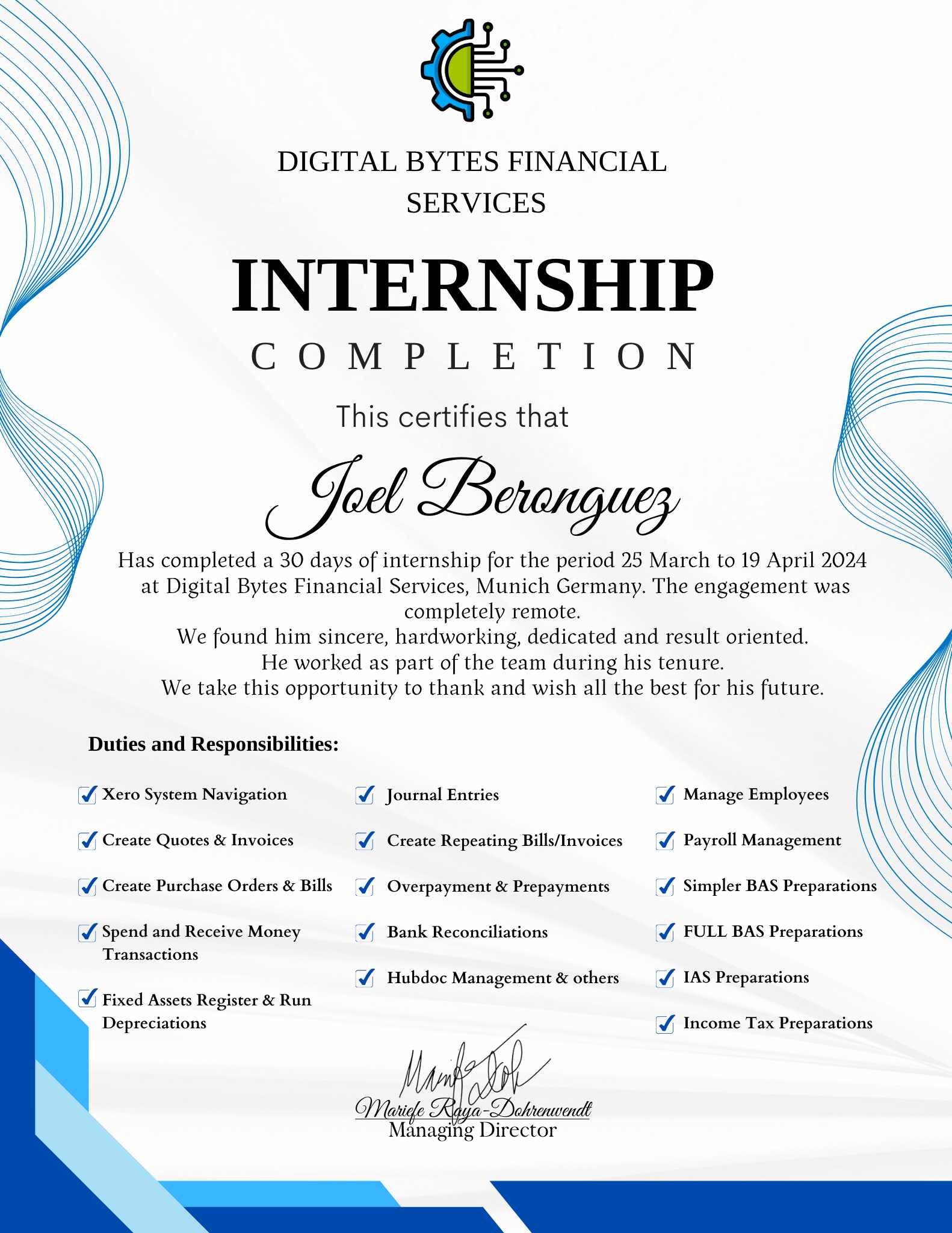 Xero Bookkeeping Internship Completion