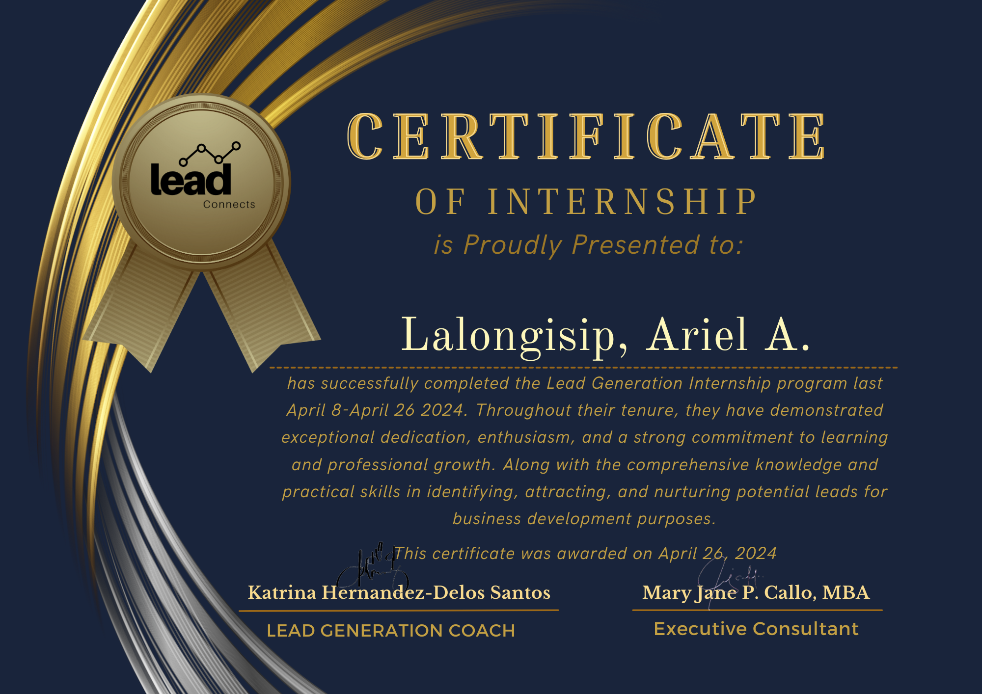 Lead Generation Certificate of Internship