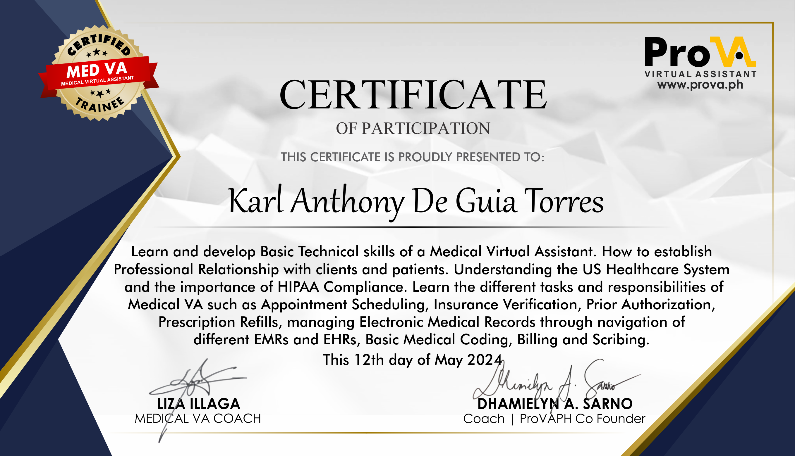 ProVA training certificate