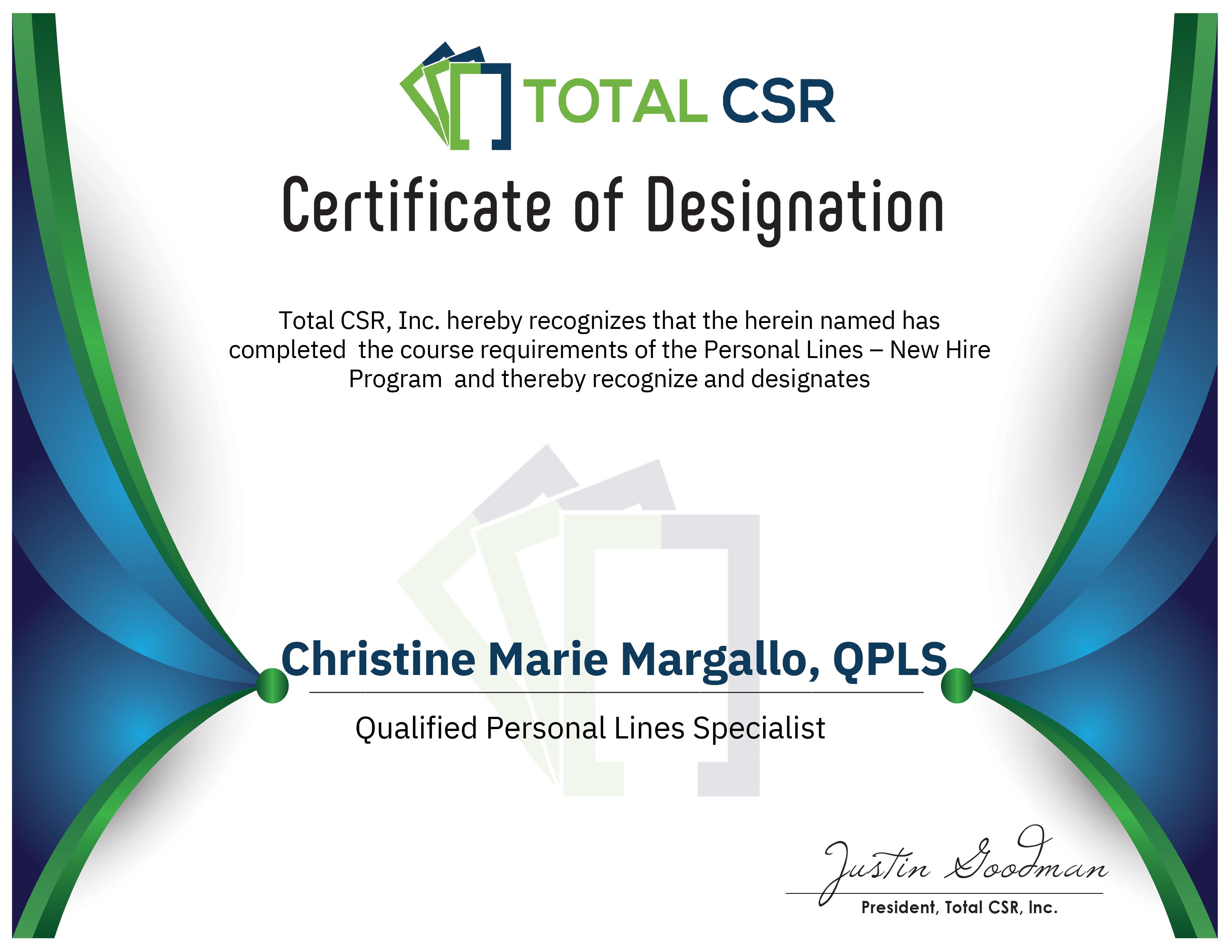 Total CSR (QPLS) certificate