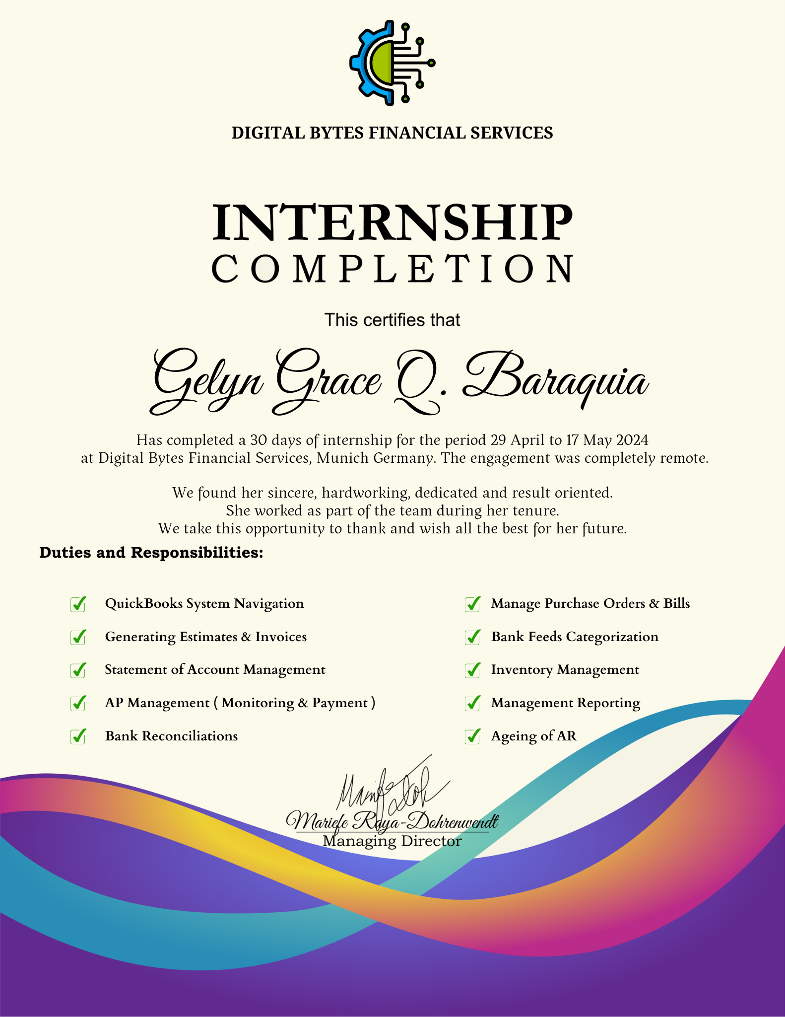 Quick Books Internship Certificate