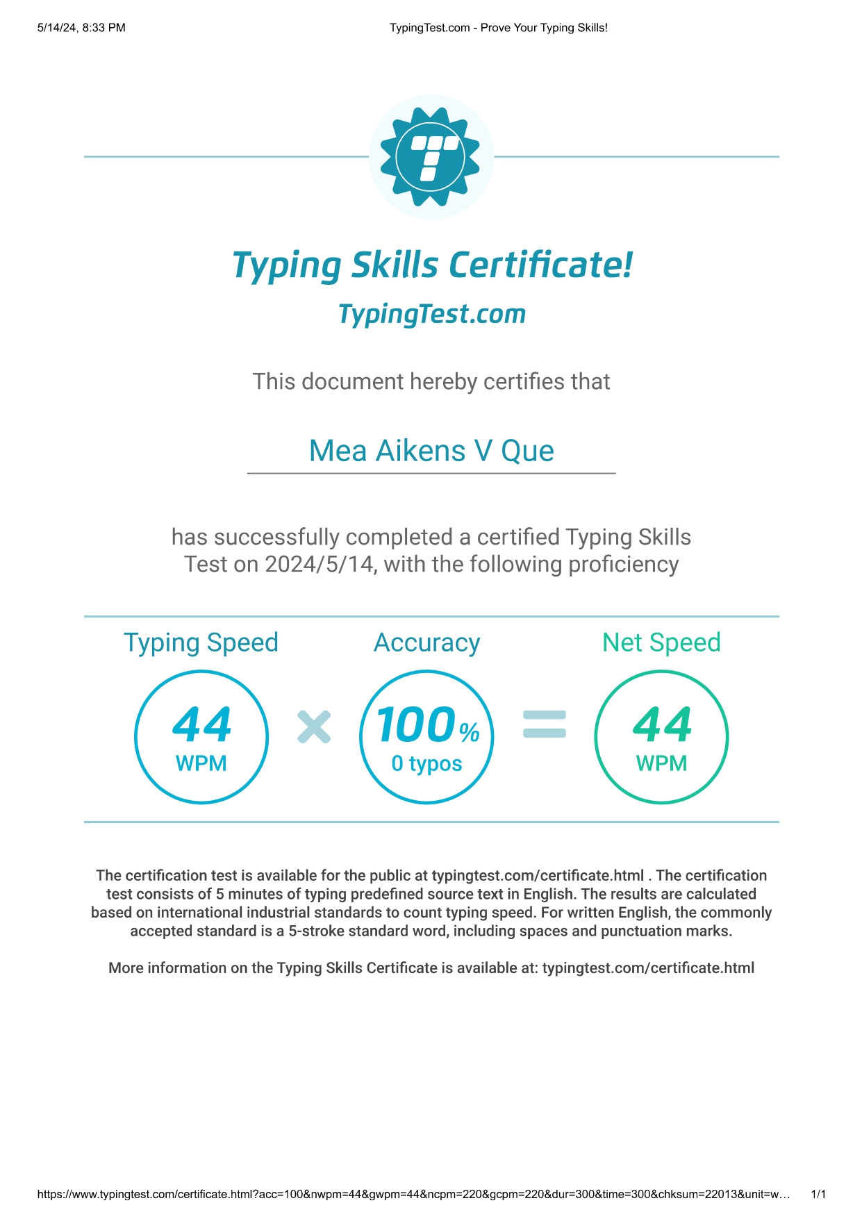 Typing Skills Certificate