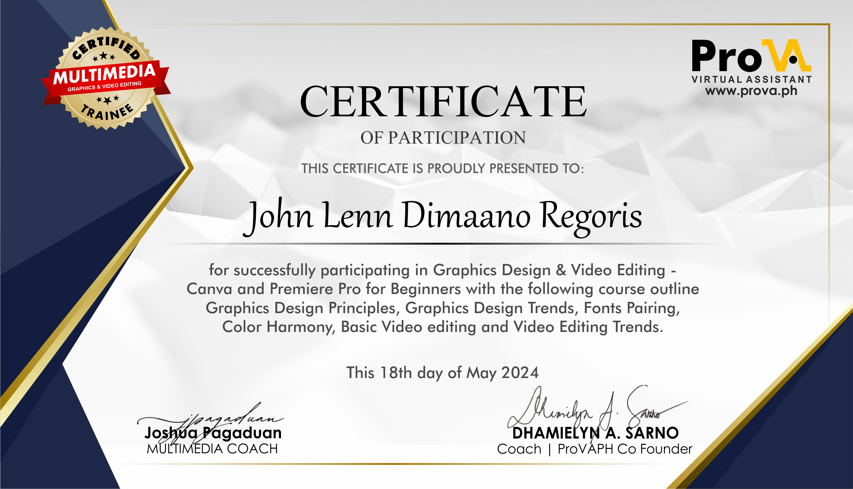 Graphic Design & Video Editing Course Certificate