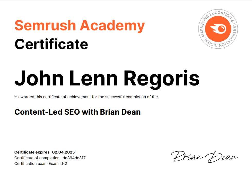 Semrush Academy Content-Led SEO Course with Brian Dean