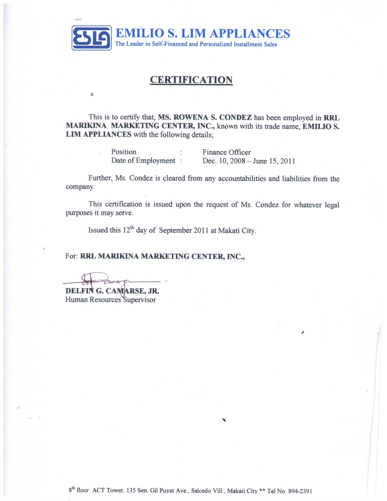 Emilio S. Lim Appliances Certificate of Employment