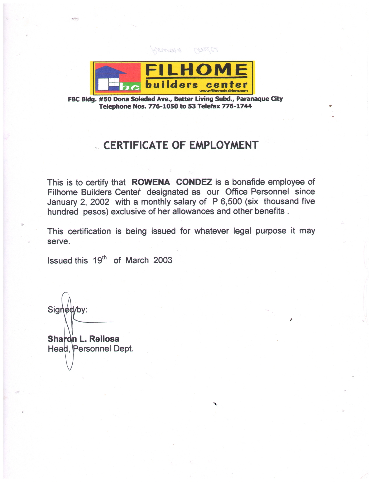 Filhome Certificate of Employment