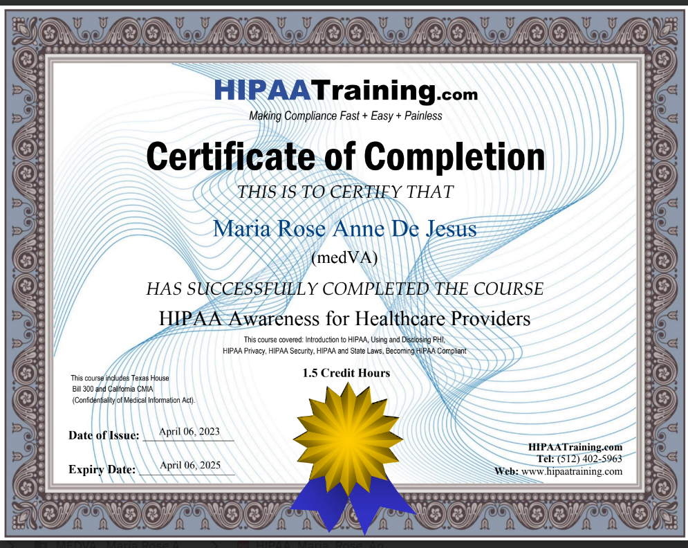 HIPAA CERTIFICATE