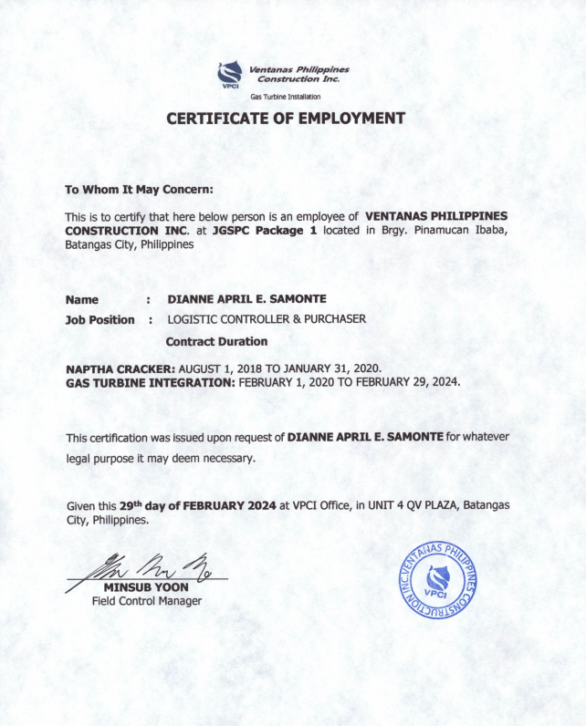 EMPLOYMENT CERTIFICATE