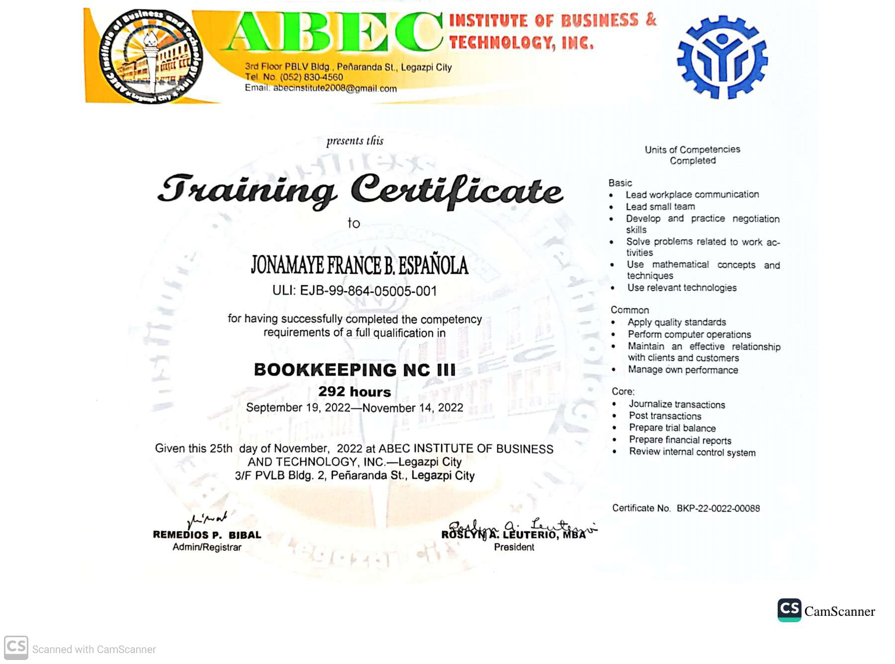 Certificate of Training