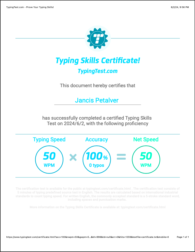 Typing Test Certificate