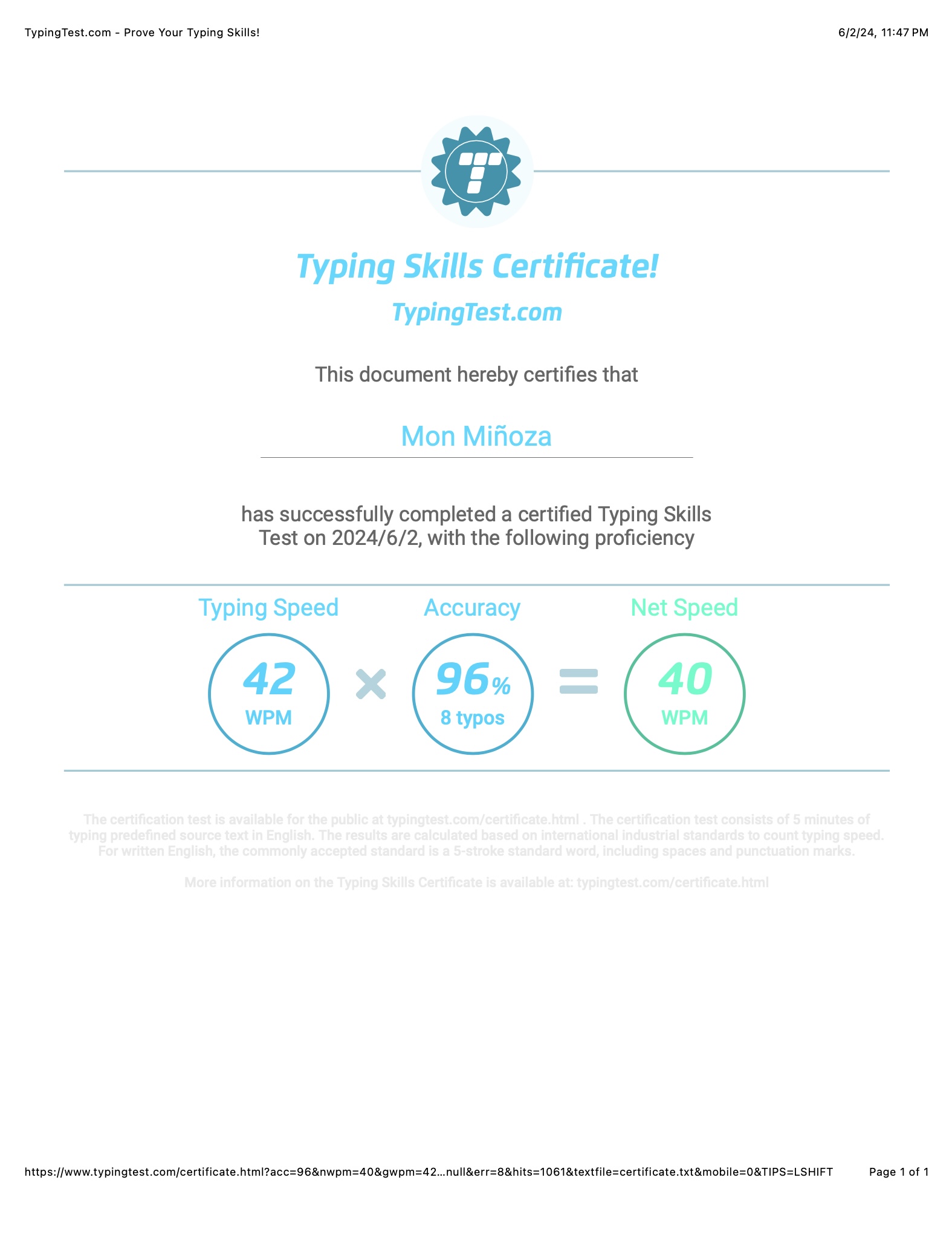 Typing Skills Certificate