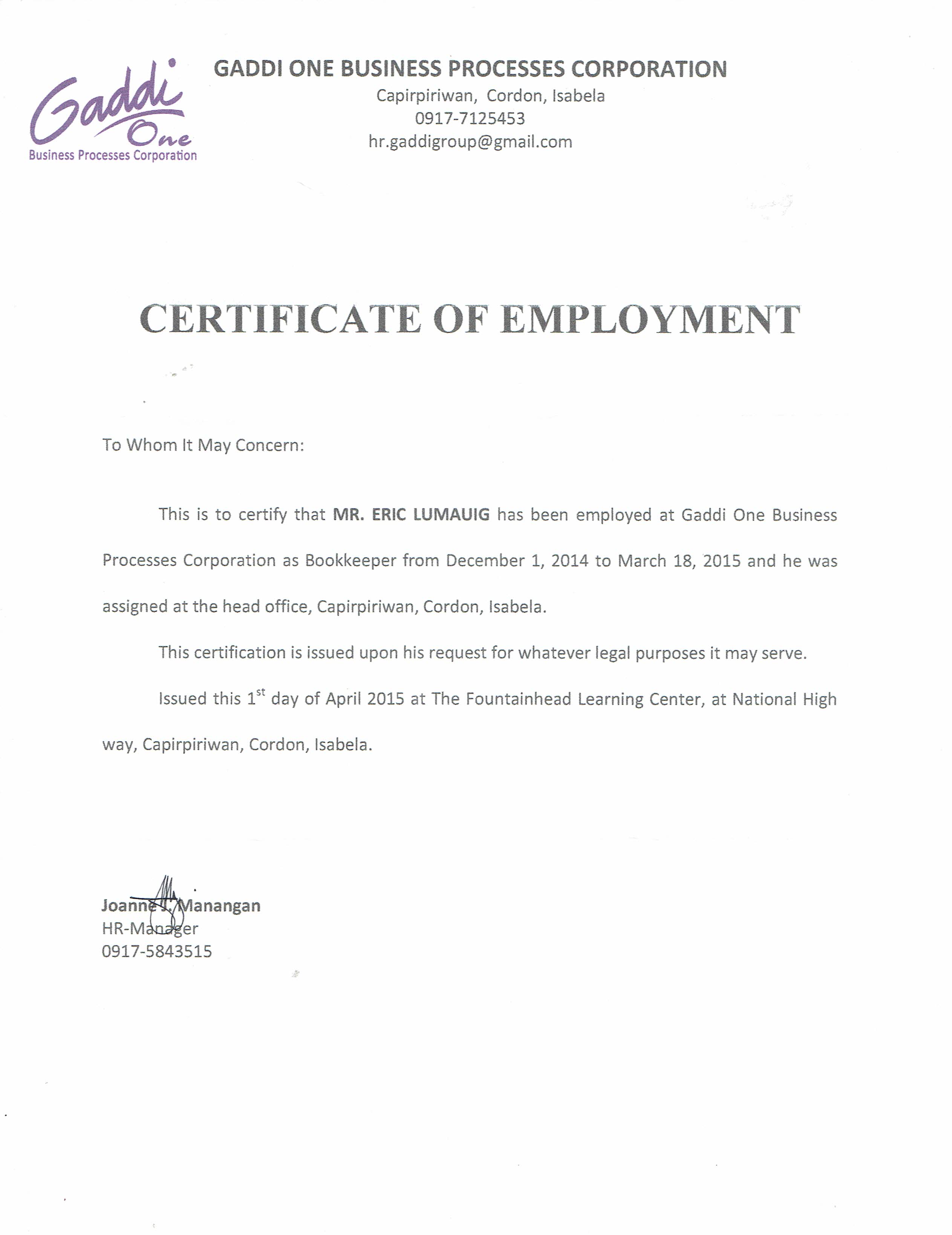 Certificate of Employment as Bookkeeper