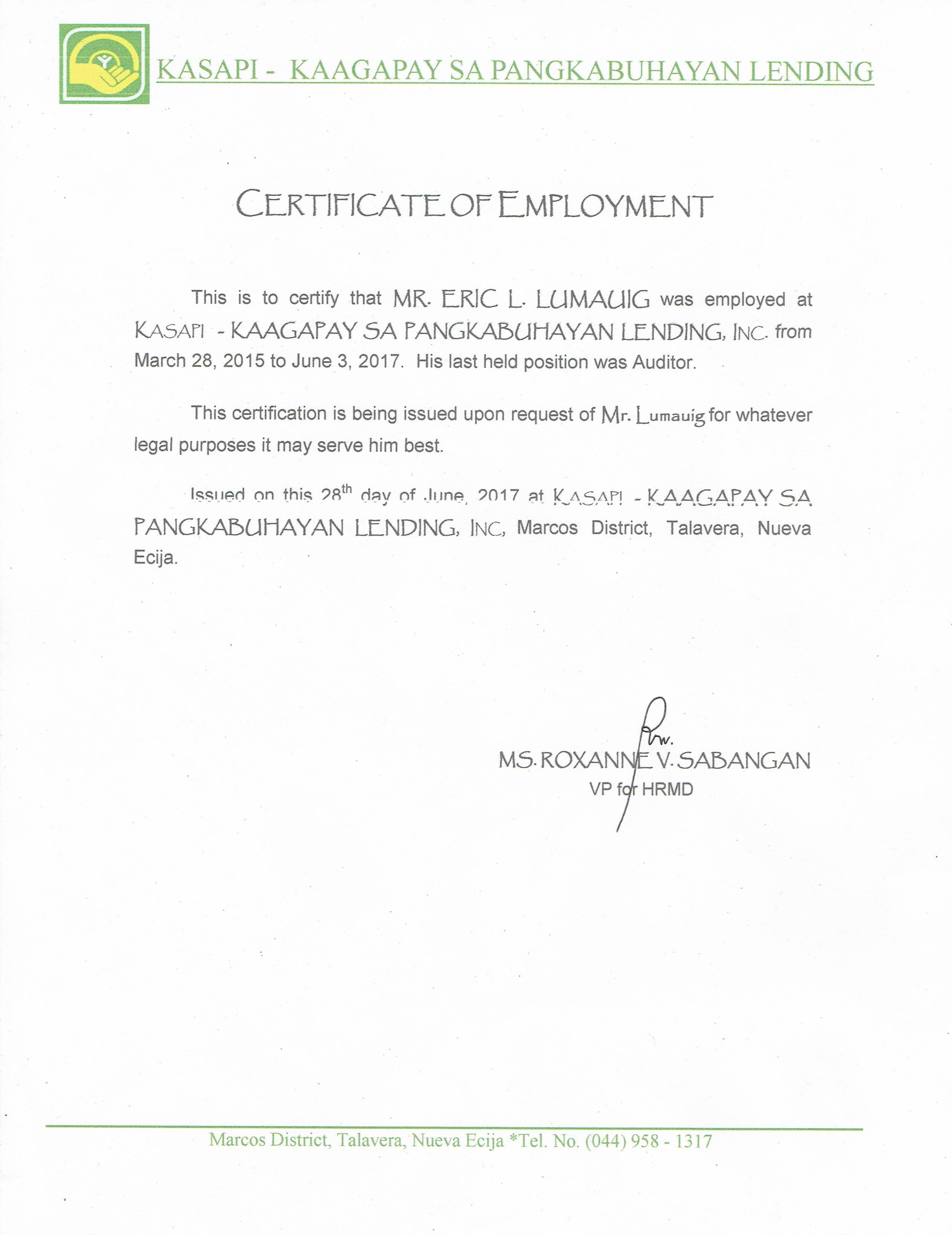 Certificate of Employment as AUDITOR