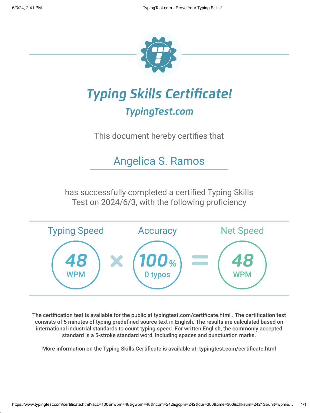 Typing Skills Certificate