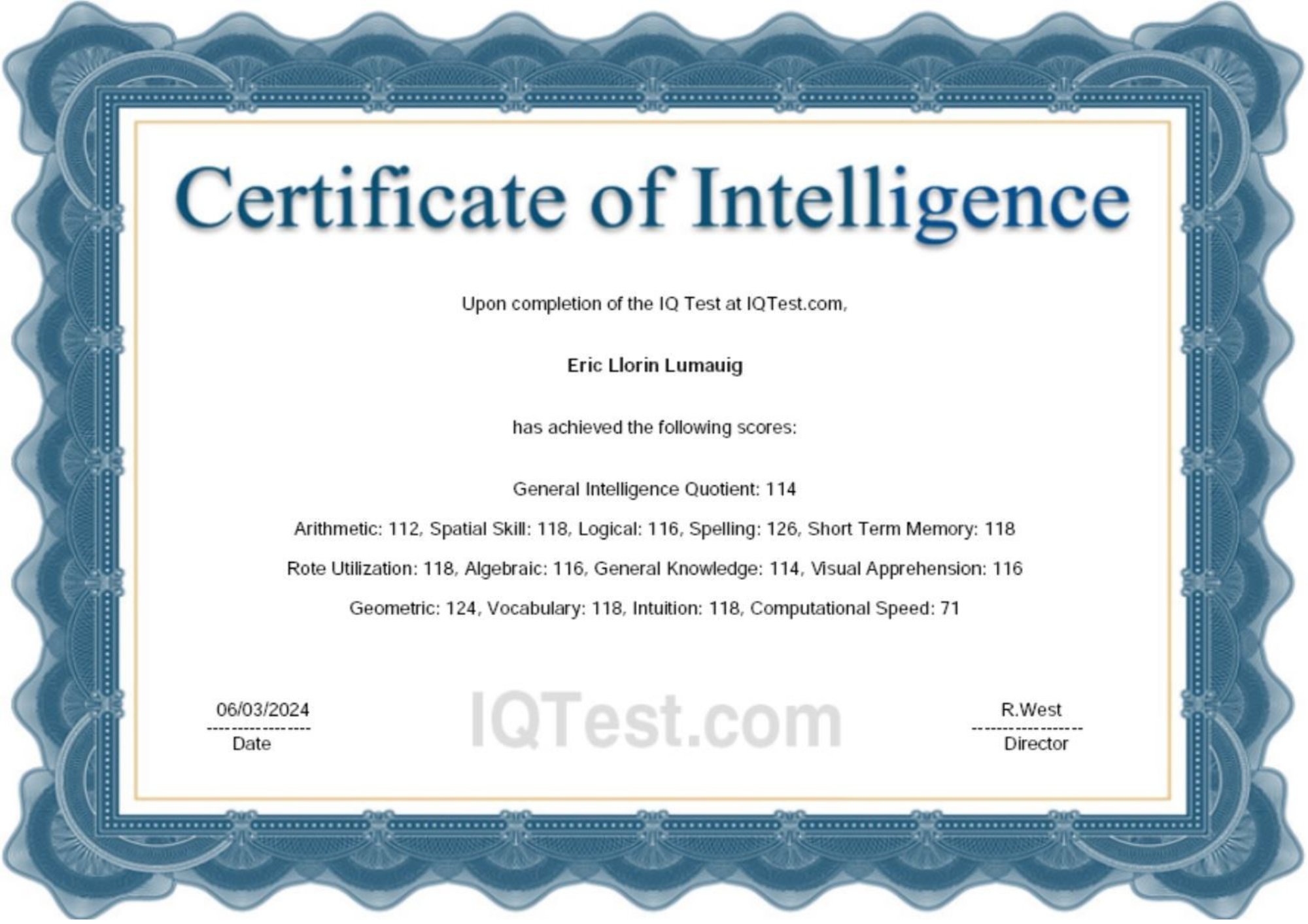 IQ Test Certificate (IQ Score: 114)