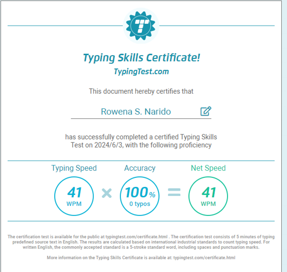 Typing Certificate