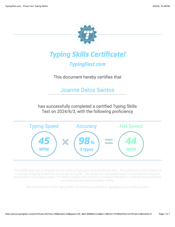 Typing Skills Certificate