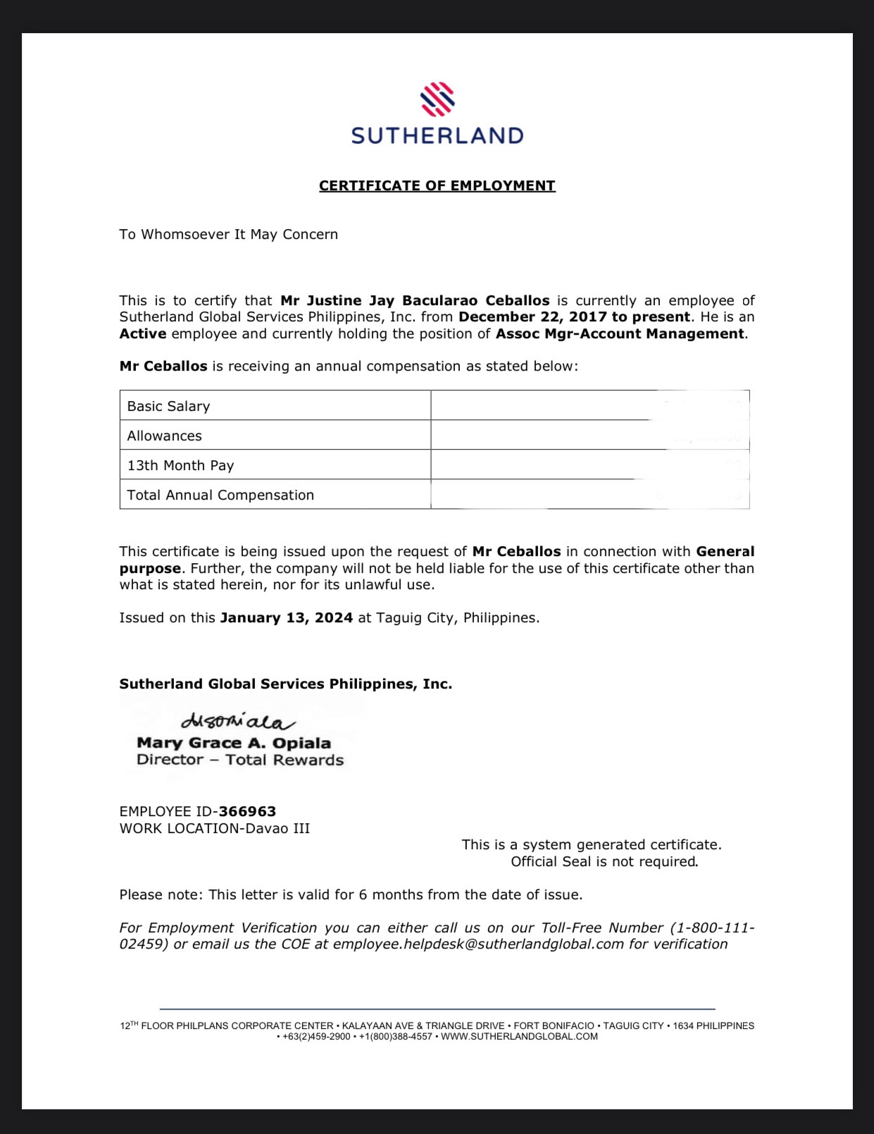 Certificate of BPO Employment