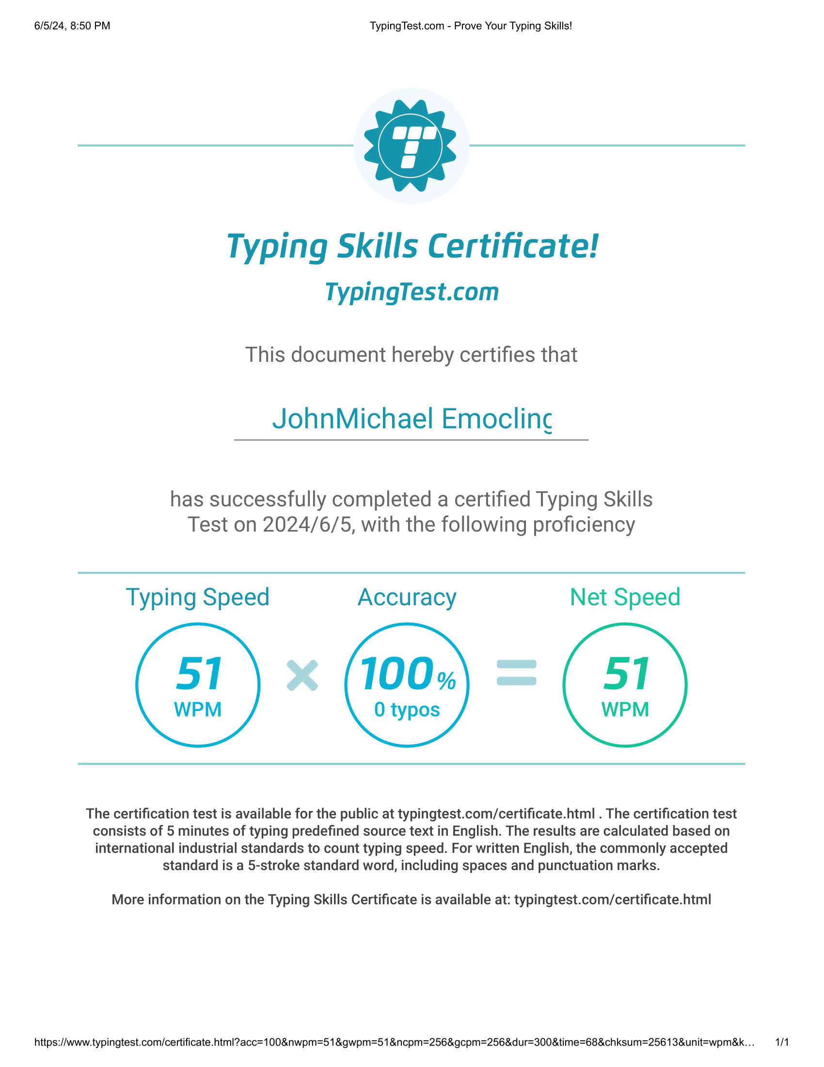 Typing Skills Certificate