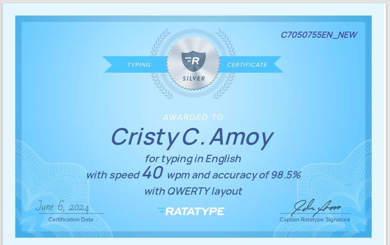 raratype typing test certificate