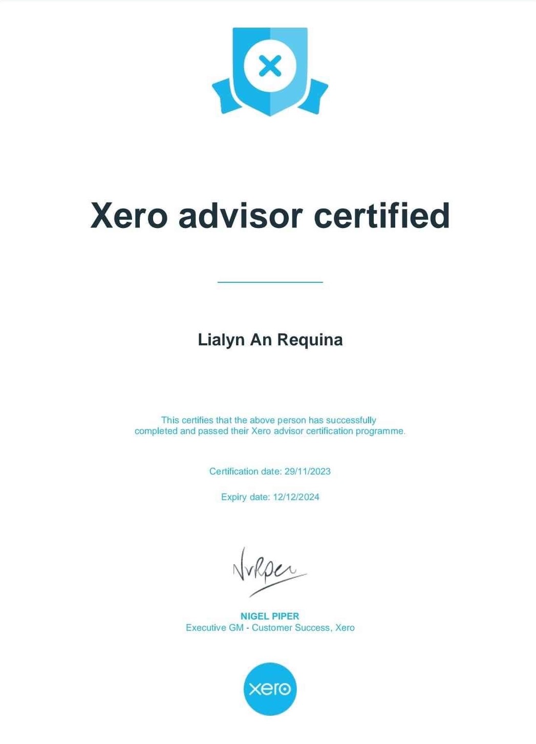 Xero Certified Advisor Certificate