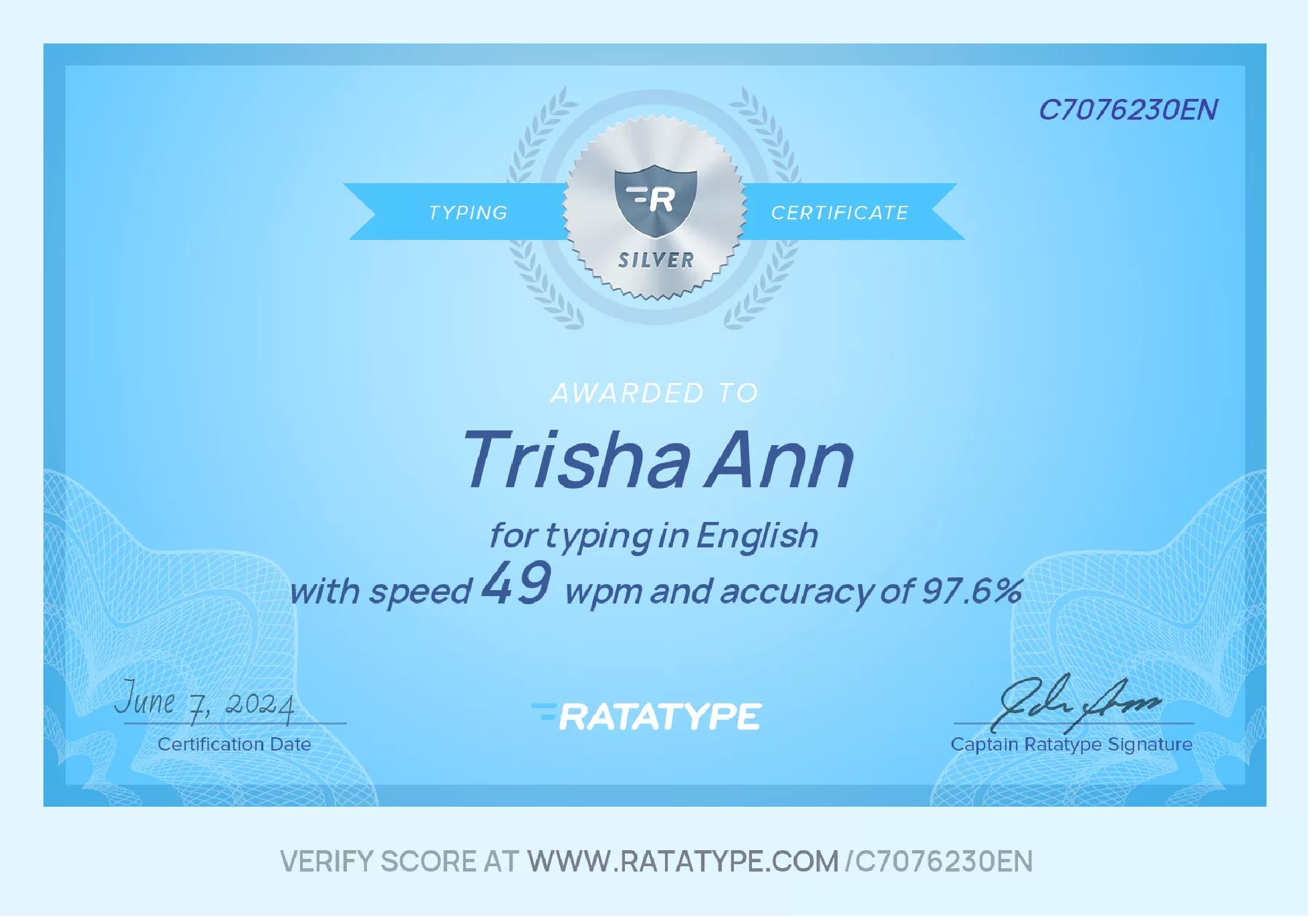 Typing Speed Test Certificate