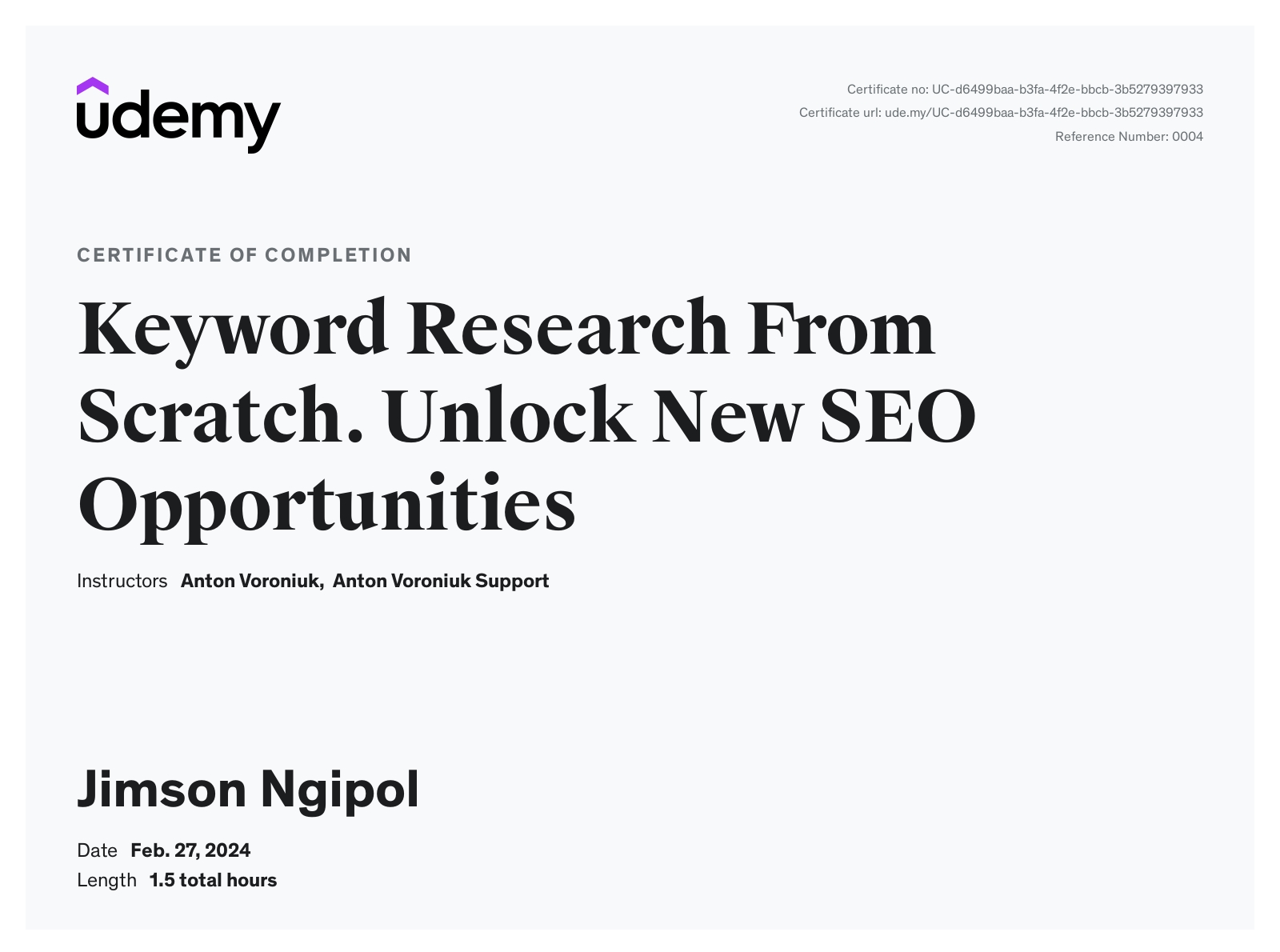 Keyword Research From Scratch Course Certificate