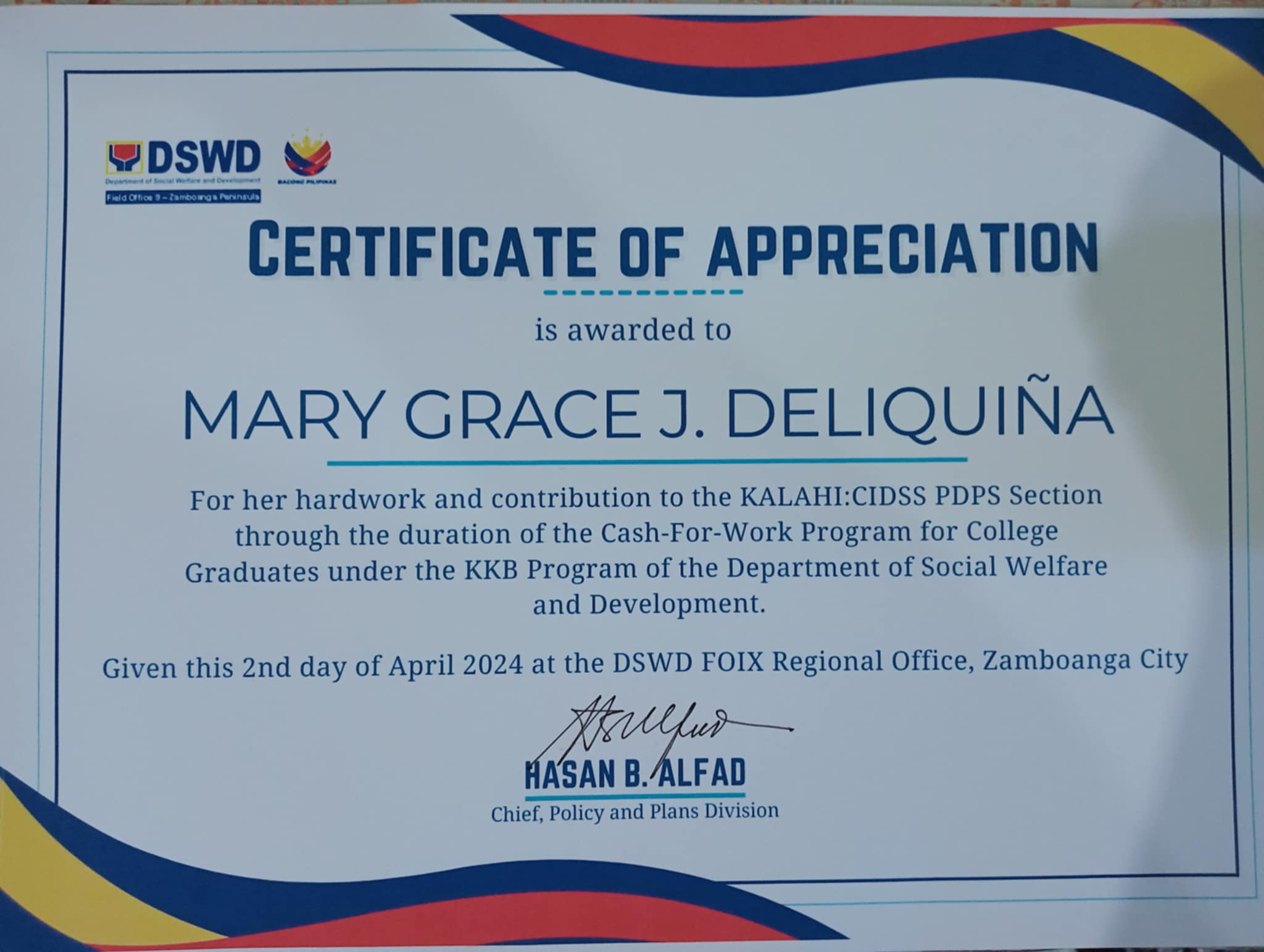 DSWD CERTIFICATE OF APPRECIATION