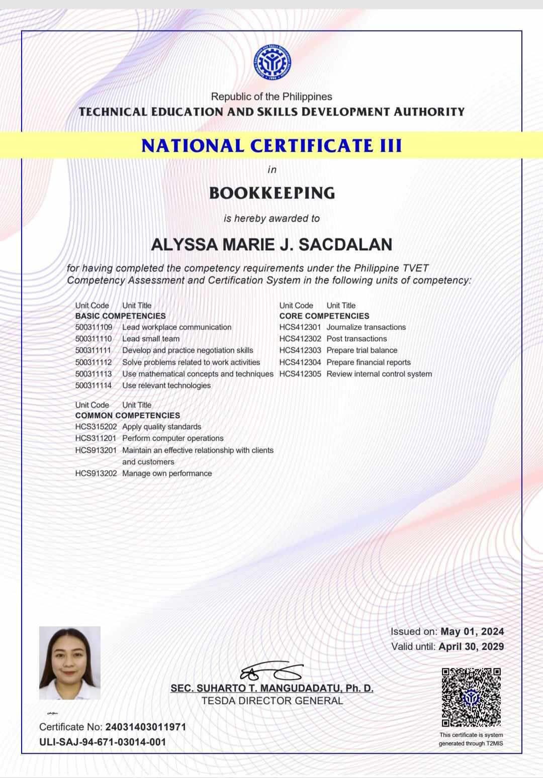 Bookkeeping NC III Tesda Certificate