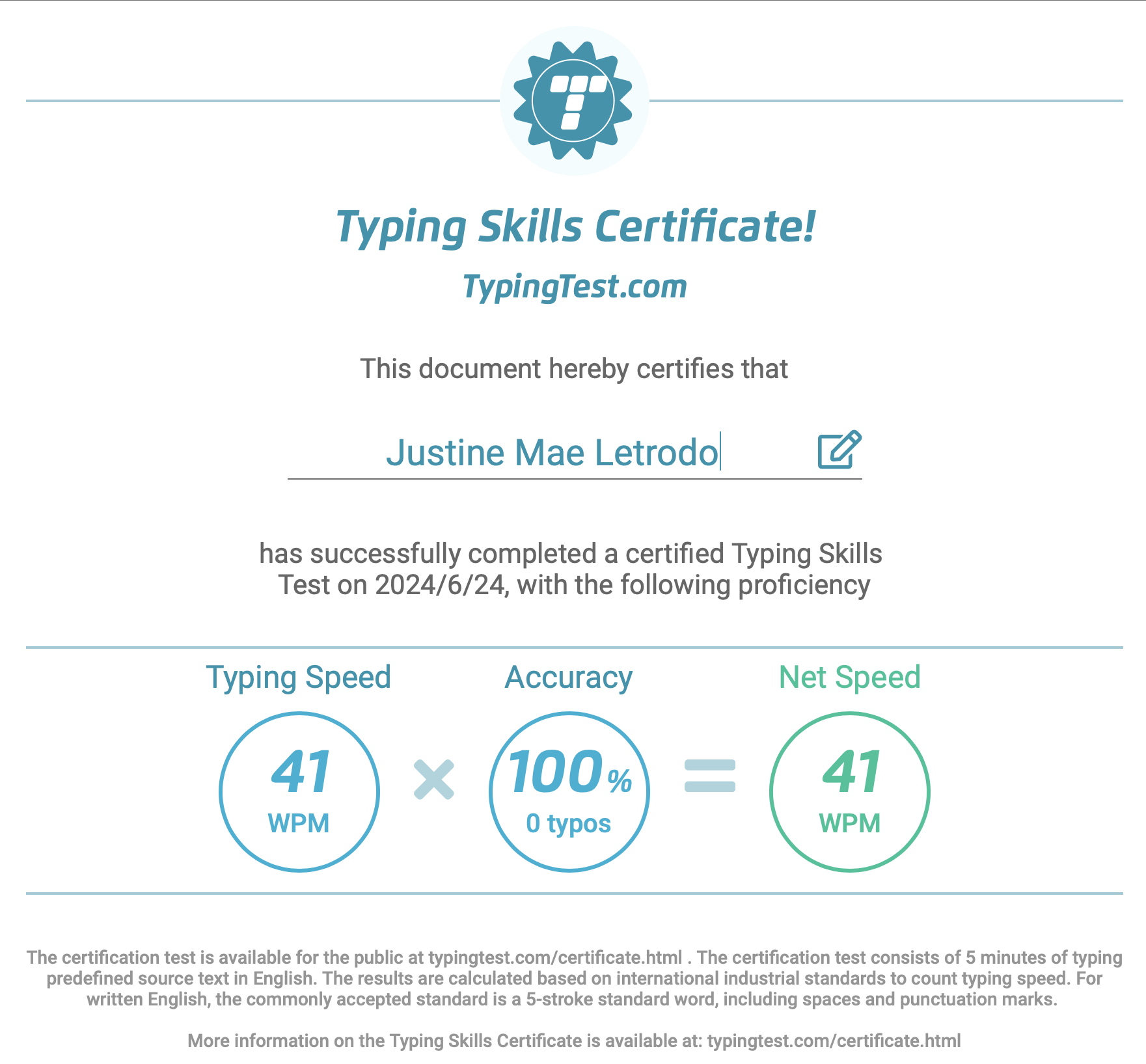 Typing Skills Certificate