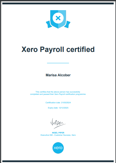 XERO Payroll Certificate