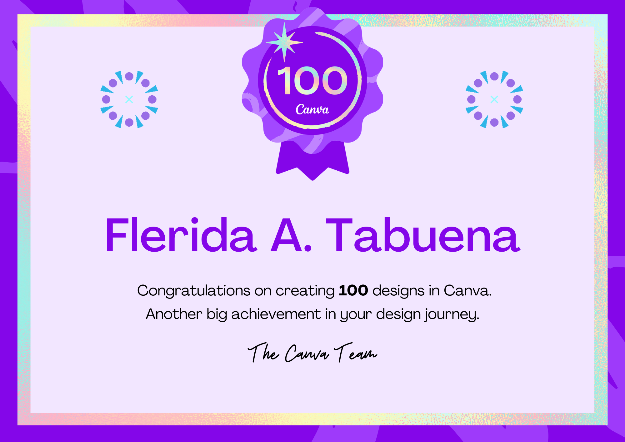 Certification  from Canva for 100th Designs made