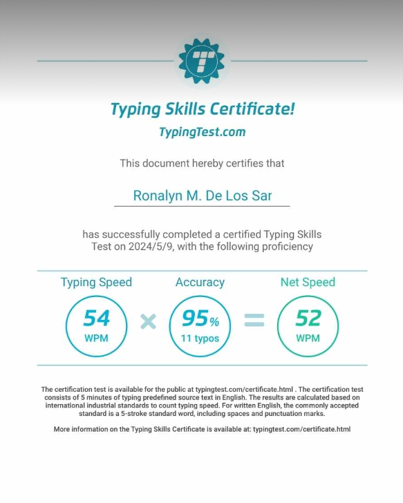 Ronalyn Typing Test Certificate