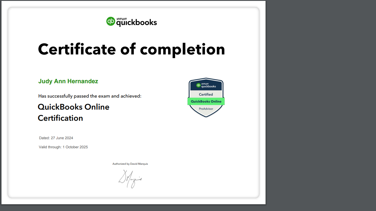 Quick Books Online Certificate