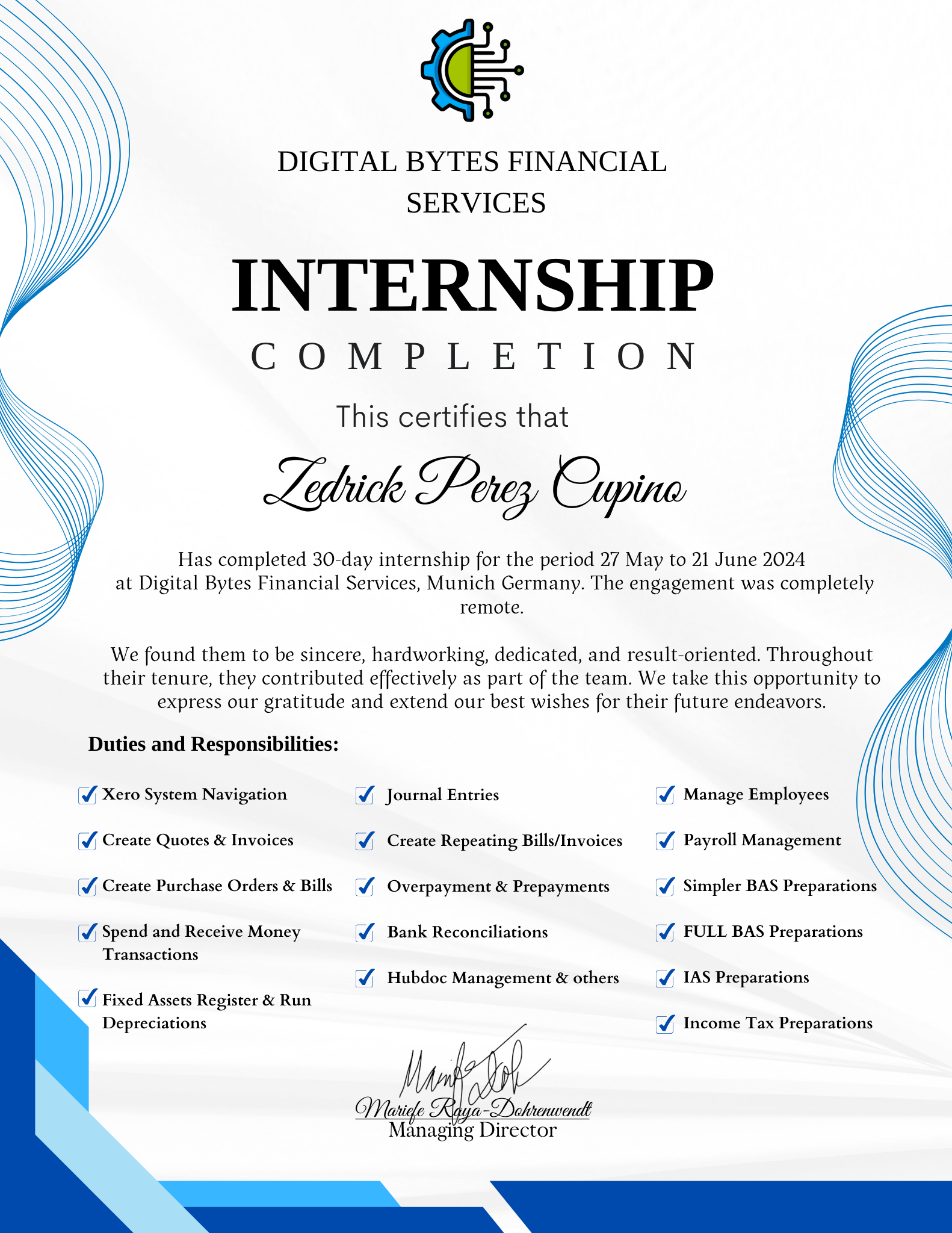 Bookkeeping Internship Certificate (Xero)