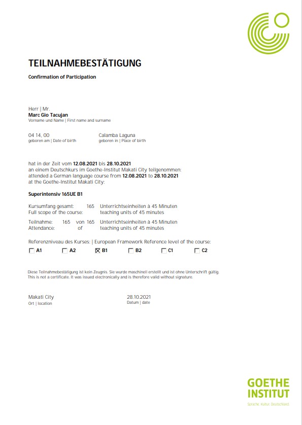 B1 Confirmation of Participation - Goethe Institut