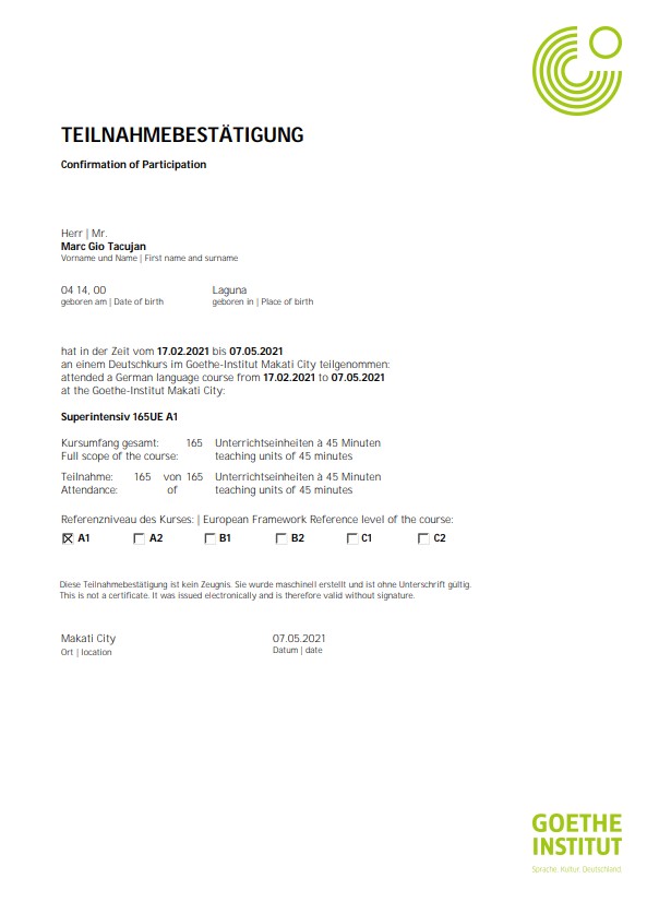 A1 Confirmation of Participation - Goethe Institut