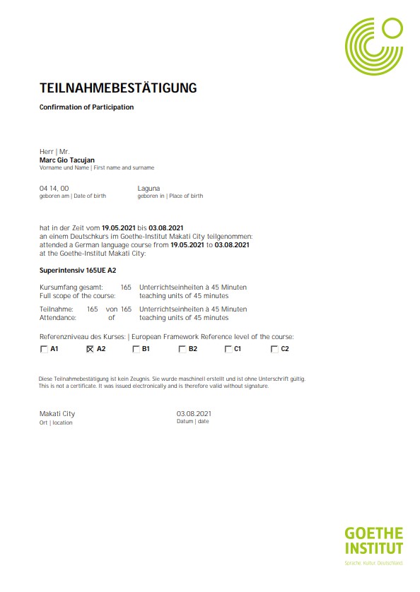 A2 Confirmation of Participation - Goethe Institut