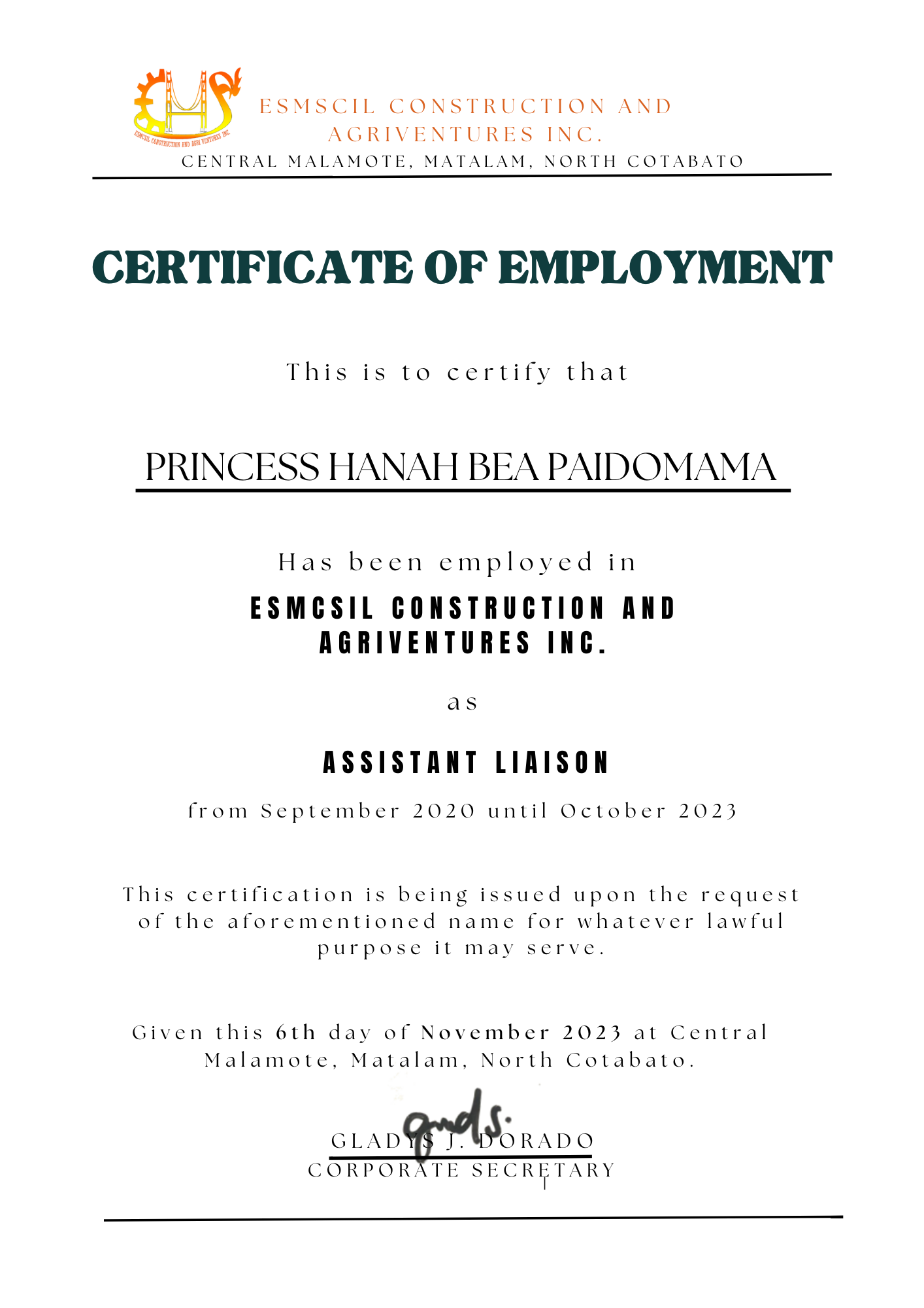 CERTIFICATE OF EMPLOYMENT