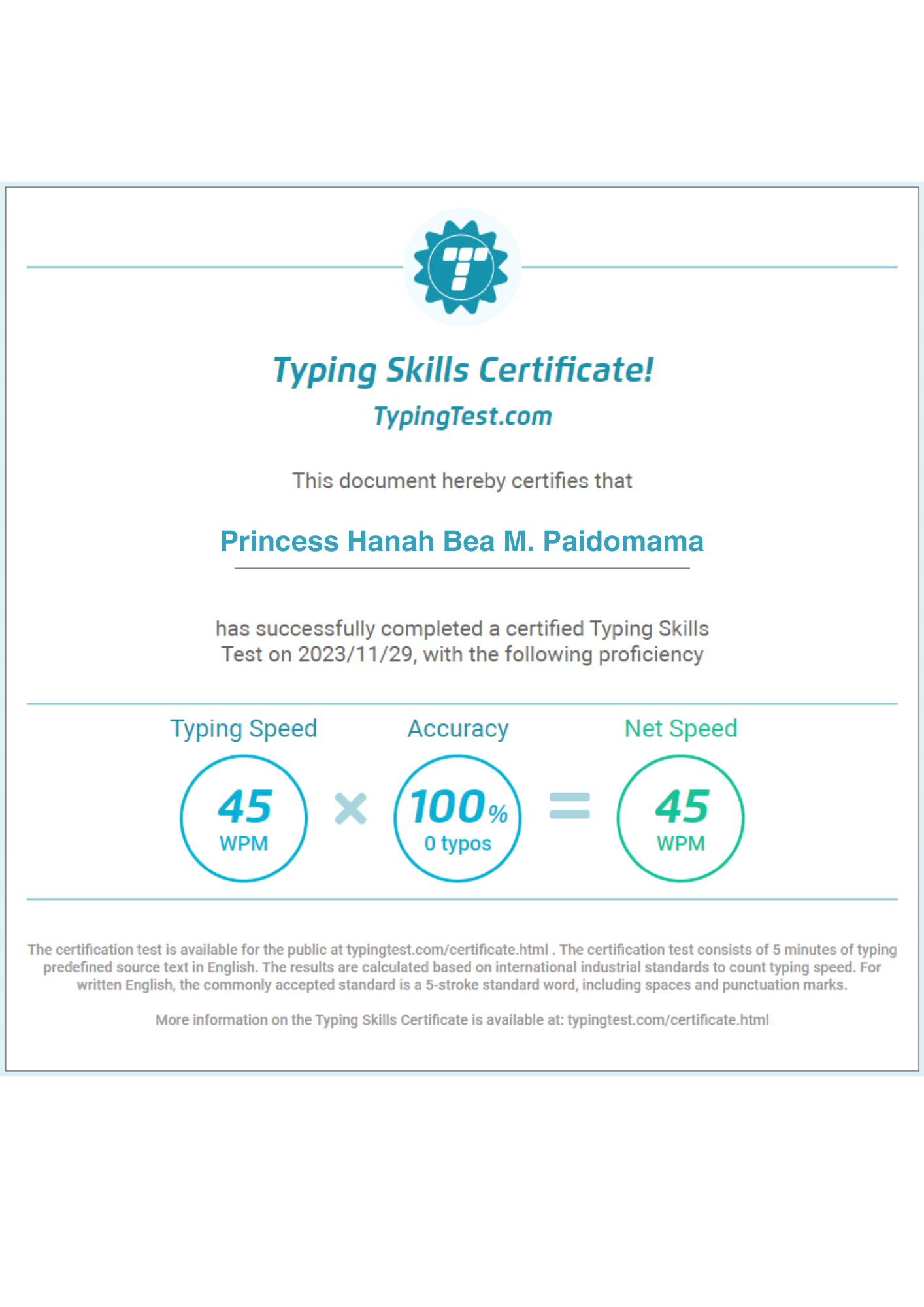 TYPING SKILLS CERTIFICATE