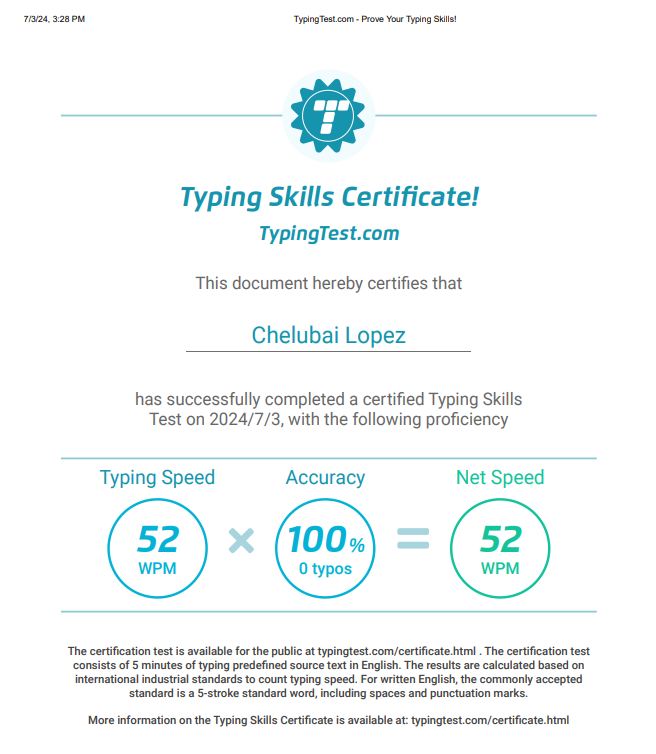 Typing Certificate