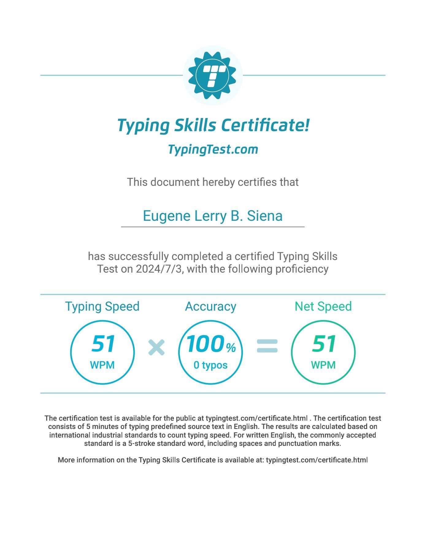 Typing Test Certificate