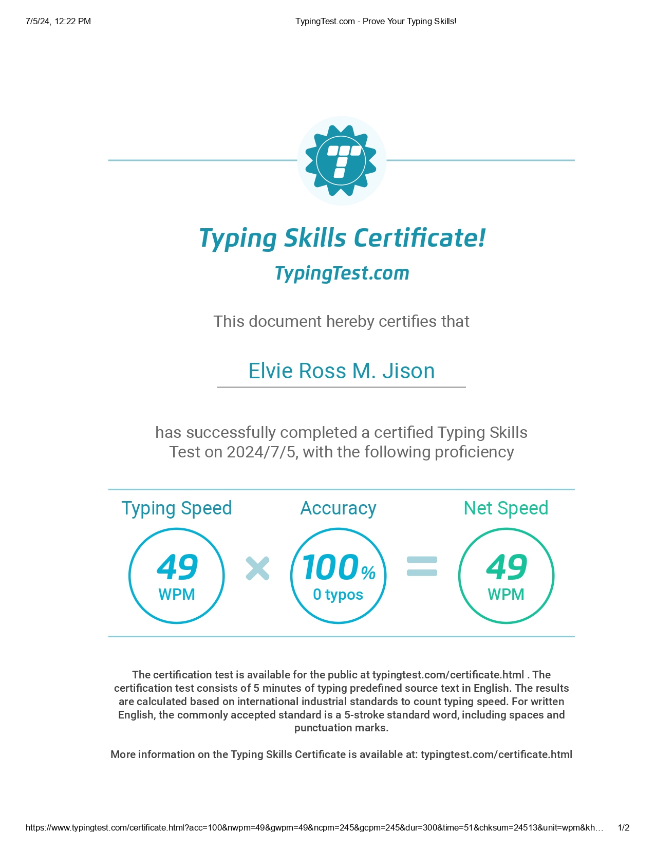 Typing Test Certificate