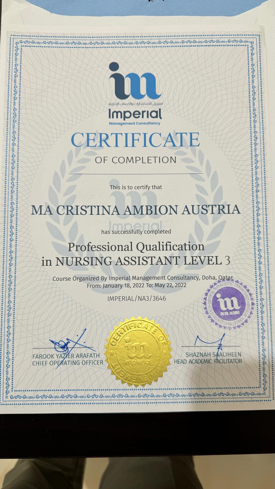 Professional Qualification in Nursing Assistant Level 3