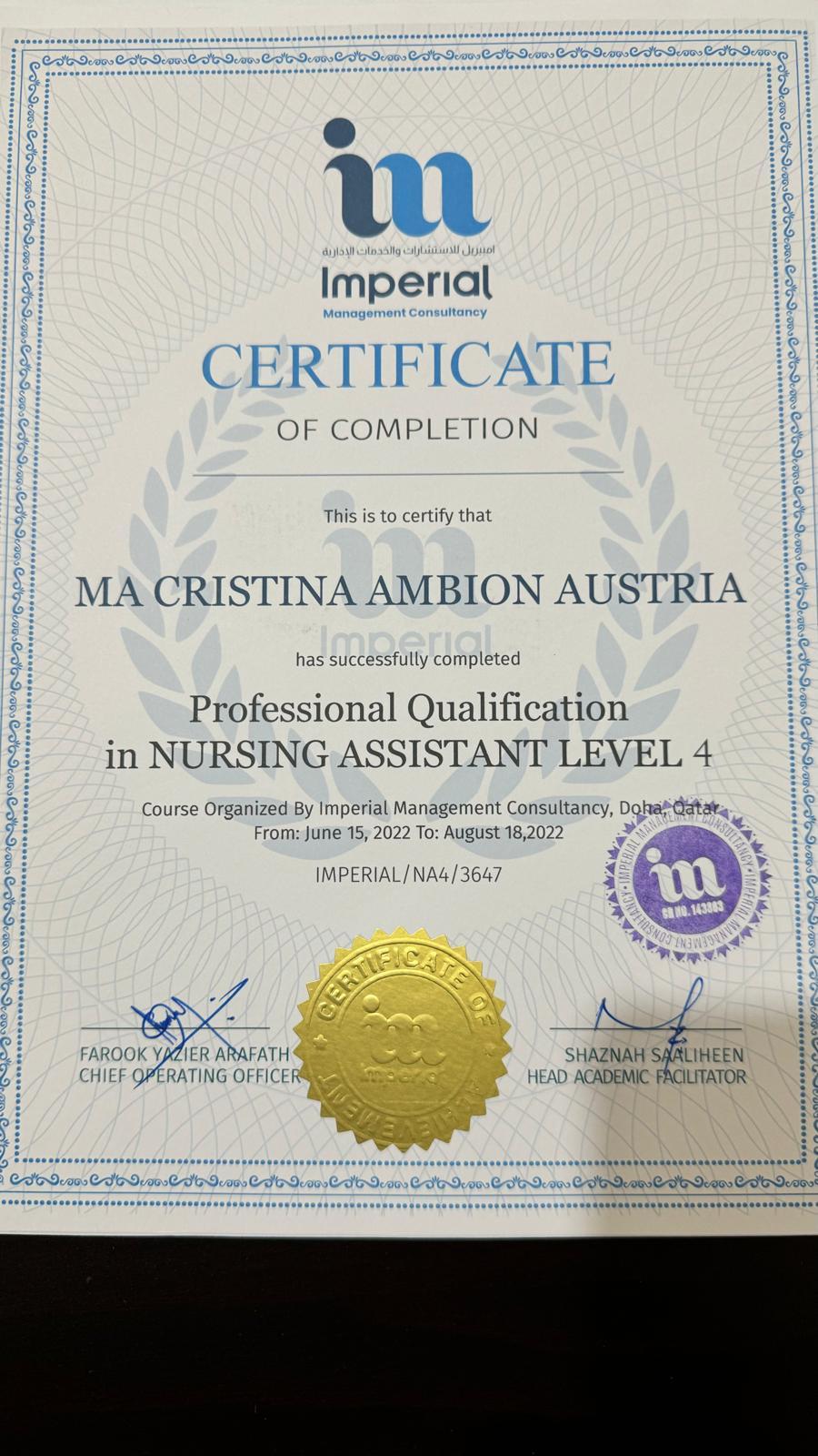 Professional Qualification in Nursing Assistant Level 4