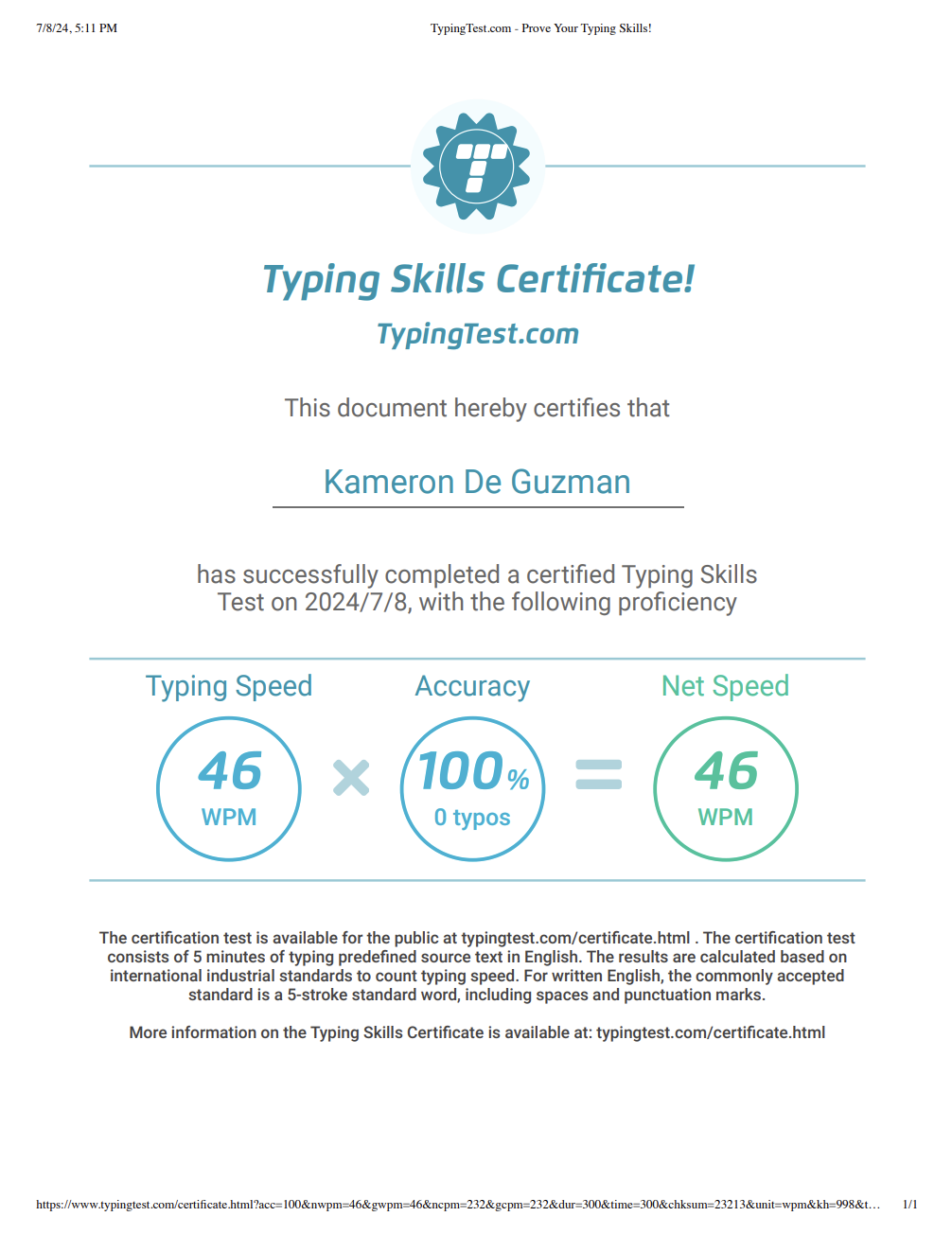 Typing test certificate