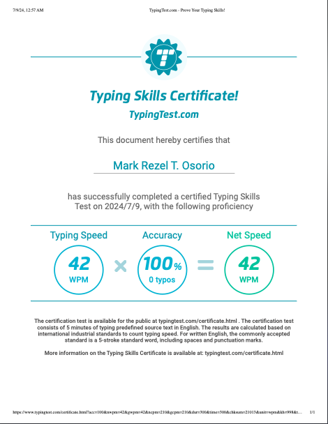 Typing Test Certificate