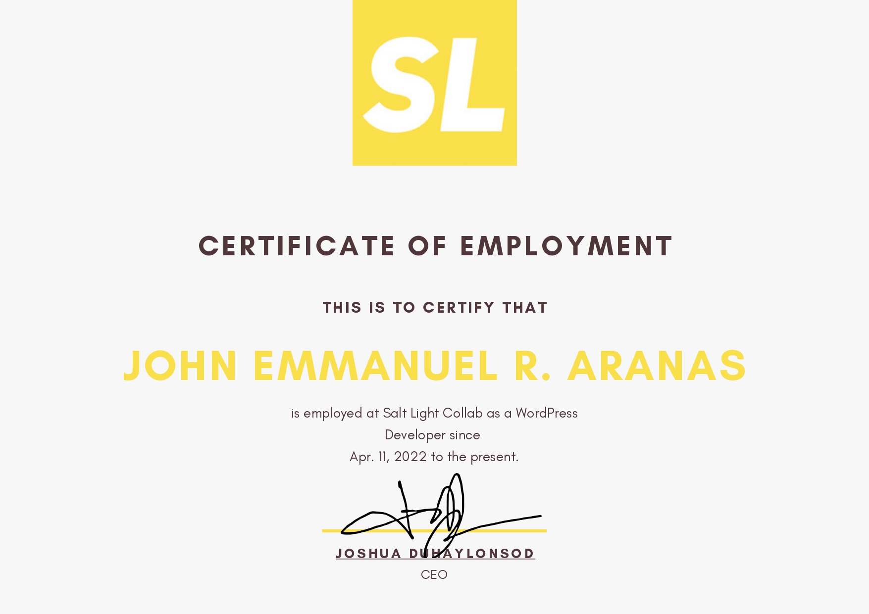 Certificate of Employment (Salt Light Collab)