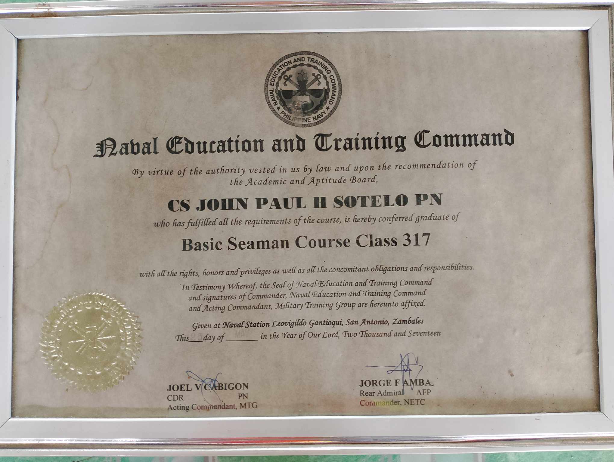 PHILIPPINE NAVY MILITARY TRAINING CERTIFICATE