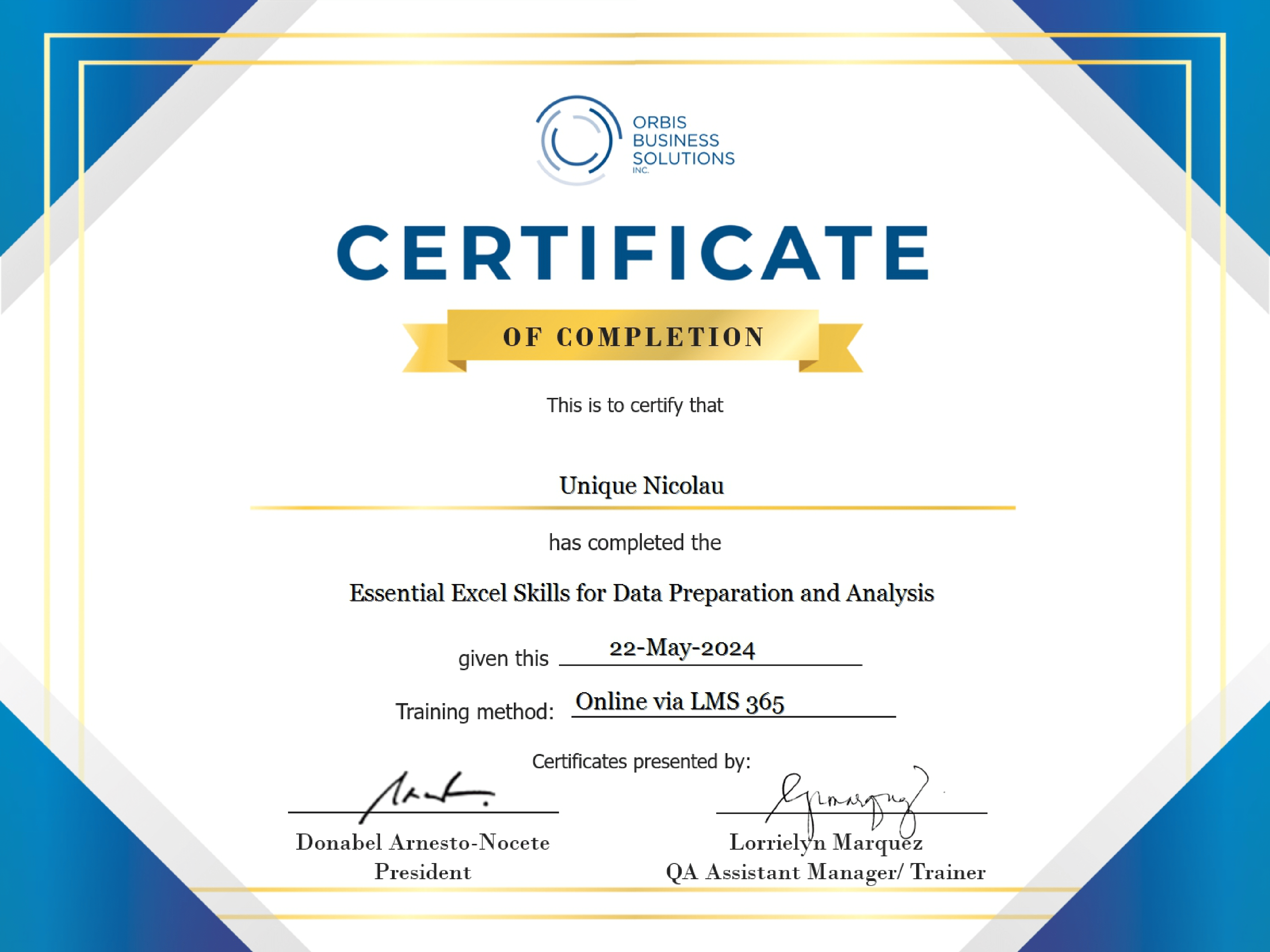 Essential Excel Skills for Data Preparation and Analysis Certificate of Completion